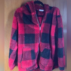 Cozy Teddy Zip-Up Jacket - Red & Black Plaid